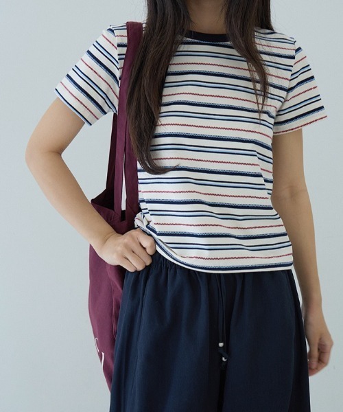 CHUN CHUN NOTES（チュンチュンノーツ）の「26SS/綿混 配色ボーダー半袖カットソー（Tシャツ/カットソー・レディース・アイボリー/ブルー・F）」の3枚目の写真