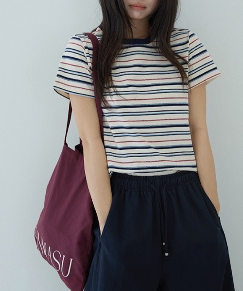 CHUN CHUN NOTES（チュンチュンノーツ）の「26SS/綿混 配色ボーダー半袖カットソー（Tシャツ/カットソー・レディース・アイボリー/ブルー・F）」の6枚目の写真