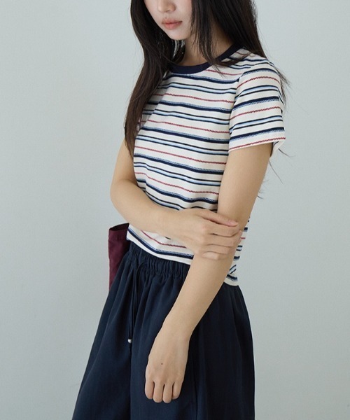 CHUN CHUN NOTES（チュンチュンノーツ）の「26SS/綿混 配色ボーダー半袖カットソー（Tシャツ/カットソー・レディース・アイボリー/ブルー・F）」の7枚目の写真