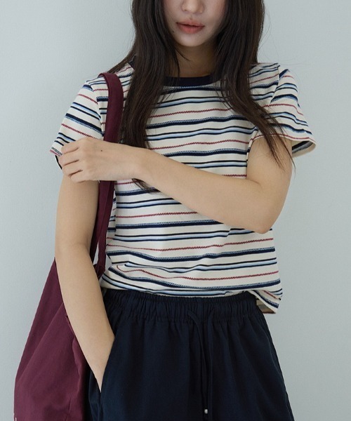 CHUN CHUN NOTES（チュンチュンノーツ）の「26SS/綿混 配色ボーダー半袖カットソー（Tシャツ/カットソー・レディース・アイボリー/ブルー・F）」の11枚目の写真