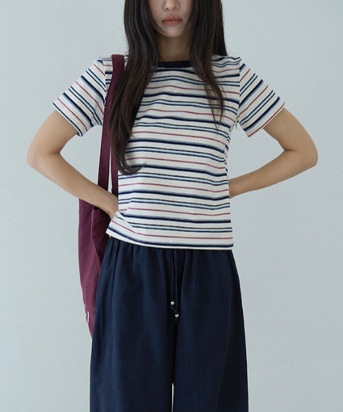 CHUN CHUN NOTES（チュンチュンノーツ）の「26SS/綿混 配色ボーダー半袖カットソー（Tシャツ/カットソー・レディース・アイボリー/ブルー・F）」の13枚目の写真