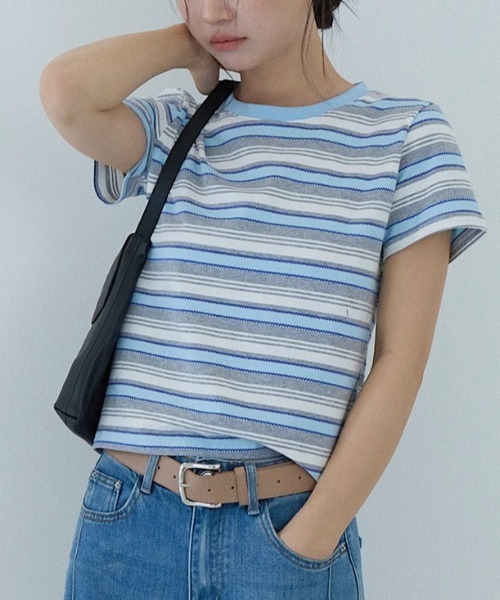 CHUN CHUN NOTES（チュンチュンノーツ）の「26SS/綿混 配色ボーダー半袖カットソー（Tシャツ/カットソー・レディース・アイボリー/ブルー・F）」の14枚目の写真