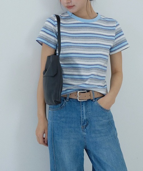 CHUN CHUN NOTES（チュンチュンノーツ）の「26SS/綿混 配色ボーダー半袖カットソー（Tシャツ/カットソー・レディース・アイボリー/ブルー・F）」の17枚目の写真