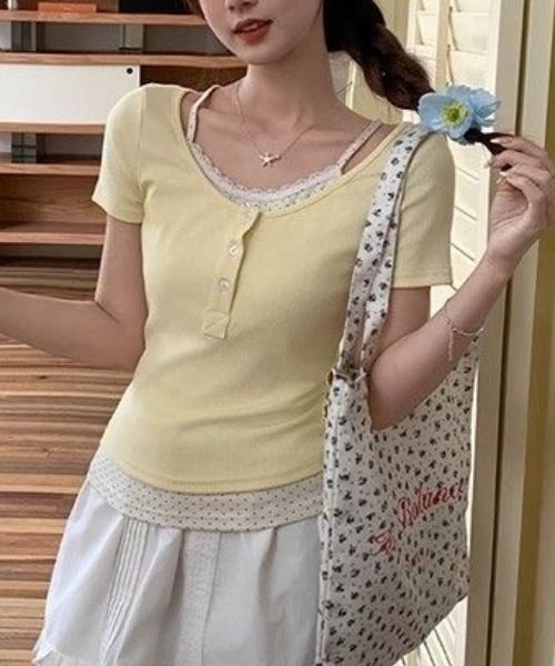 SHEPP（シープ）の「レイヤード風フロントボタン半袖カットソー（Tシャツ/カットソー・レディース・イエロー/ネイビー/グレー・S/M）」の5枚目の写真