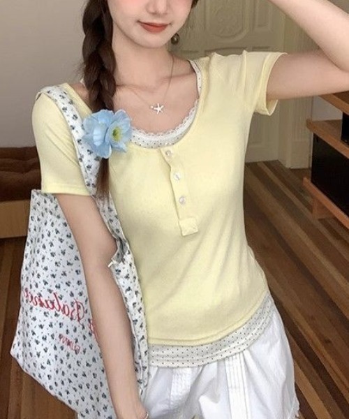 SHEPP（シープ）の「レイヤード風フロントボタン半袖カットソー（Tシャツ/カットソー・レディース・イエロー/ネイビー/グレー・S/M）」の4枚目の写真