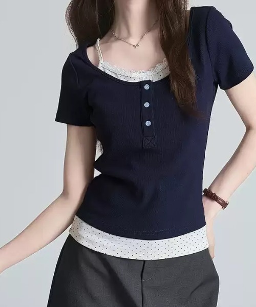 SHEPP（シープ）の「レイヤード風フロントボタン半袖カットソー（Tシャツ/カットソー・レディース・イエロー/ネイビー/グレー・S/M）」の21枚目の写真