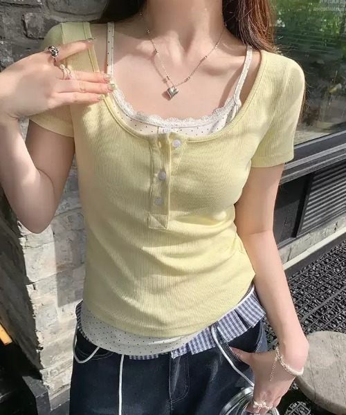 SHEPP（シープ）の「レイヤード風フロントボタン半袖カットソー（Tシャツ/カットソー・レディース・イエロー/ネイビー/グレー・S/M）」の16枚目の写真