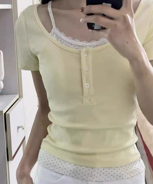 SHEPP（シープ）の「レイヤード風フロントボタン半袖カットソー（Tシャツ/カットソー・レディース・イエロー/ネイビー/グレー・S/M）」の13枚目の写真