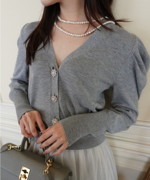 ORGUE(オルグ)の「Bijou button cardigan/ビジューボタンカーディガン(カーディガン/ボレロ・レディース・ブラック/アイボリー/ブルー/グレー・FREE)」の5枚目の写真