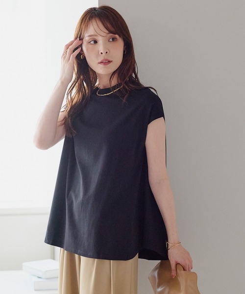 PREFERIR(プレフェリール)の「体型カバー 裾フレア フレンチスリーブTシャツ|きれい見えカットソー(Tシャツ/カットソー・レディース・ベージュ/ブラック/ブラウン/ホワイト・MEDIUM/LARGE)」の20枚目の写真