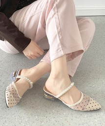 クリアゴールドヒール チュール パールストラップ ミュール パンプス 492
