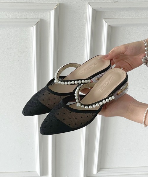 Shoes in Closet(シューズインクローゼット)の「クリアゴールドヒール チュール パールストラップ ミュール パンプス 492(パンプス・レディース・ブラック/ホワイト/アイボリー・L/M/S/LL)」の4枚目の写真