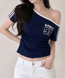 ワンショルダー スリーブライン 半袖Tシャツ