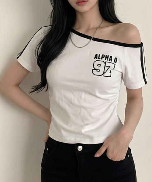 VIVID LADY(ビビッドレディー)の「ワンショルダー スリーブライン 半袖Tシャツ(Tシャツ/カットソー・レディース・ブラック/ワイン/ホワイト/ネイビー・FREE)」の1枚目の写真