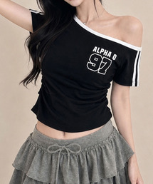 ワンショルダー スリーブライン 半袖Tシャツ