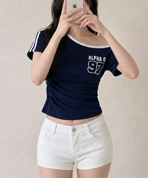 VIVID LADY(ビビッドレディー)の「ワンショルダー スリーブライン 半袖Tシャツ(Tシャツ/カットソー・レディース・ブラック/ワイン/ホワイト/ネイビー・FREE)」の19枚目の写真