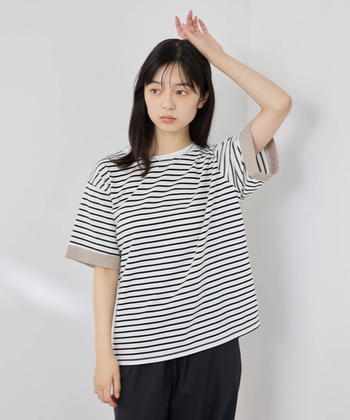 NAVY(ネイビー)の「【SARARI /サラリ】接触冷感 袖配色プレーティング クルーネック DRY UVカットTシャツ(Tシャツ/カットソー・レディース・チャコール/ベージュ/ブラック・M/L)」の2枚目の写真