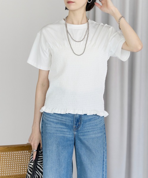 each(イーチ)の「シャーリング クロップドTシャツ(Tシャツ/カットソー・レディース・グレー/ホワイト/サーモンピンク・FREE)」の6枚目の写真