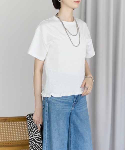 each(イーチ)の「シャーリング クロップドTシャツ(Tシャツ/カットソー・レディース・グレー/ホワイト/サーモンピンク・FREE)」の8枚目の写真