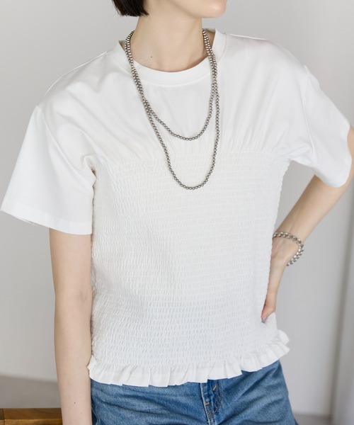each(イーチ)の「シャーリング クロップドTシャツ(Tシャツ/カットソー・レディース・グレー/ホワイト/サーモンピンク・FREE)」の4枚目の写真