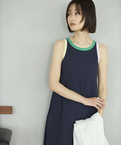 FilMelange(フィルメランジェ)の「FilMelange × Firsthand/フィルメランジェ 別注ELIZA / 配色 リンガー カットソー ワンピース(ワンピース・レディース・ネイビー/ブラウン・FREE)」の14枚目の写真