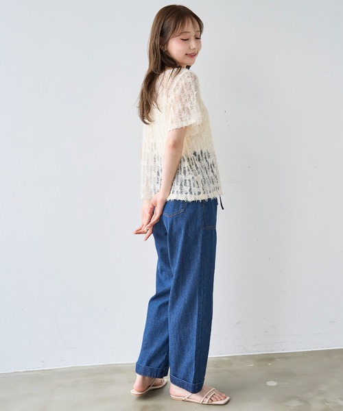 mil（ミル）の「シアーフェザー クロップド トップス【587222】（Tシャツ/カットソー・レディース・アイボリー/ブラック・ONESIZE）」の6枚目の写真