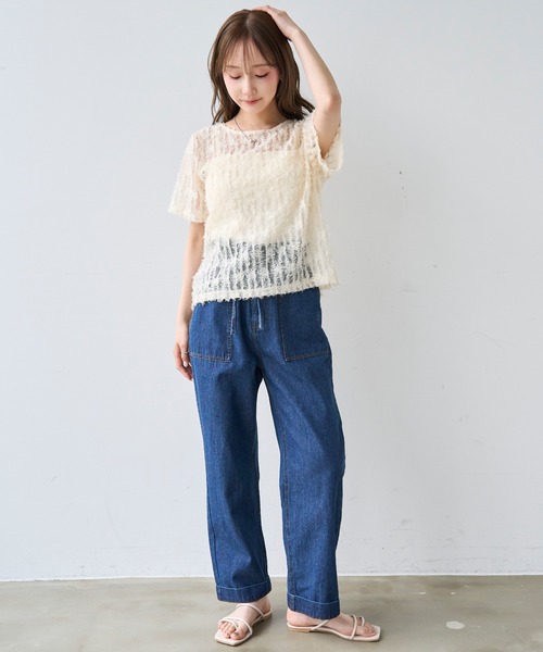 mil（ミル）の「シアーフェザー クロップド トップス【587222】（Tシャツ/カットソー・レディース・アイボリー/ブラック・ONESIZE）」の9枚目の写真