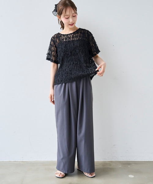 mil（ミル）の「シアーフェザー クロップド トップス【587222】（Tシャツ/カットソー・レディース・アイボリー/ブラック・ONESIZE）」の15枚目の写真