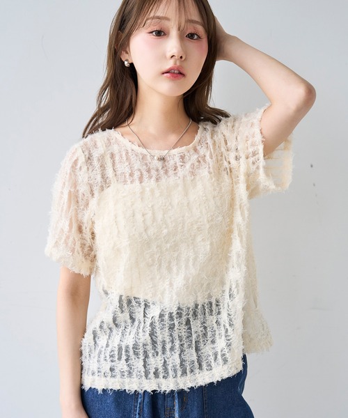 mil（ミル）の「シアーフェザー クロップド トップス【587222】（Tシャツ/カットソー・レディース・アイボリー/ブラック・ONESIZE）」の10枚目の写真