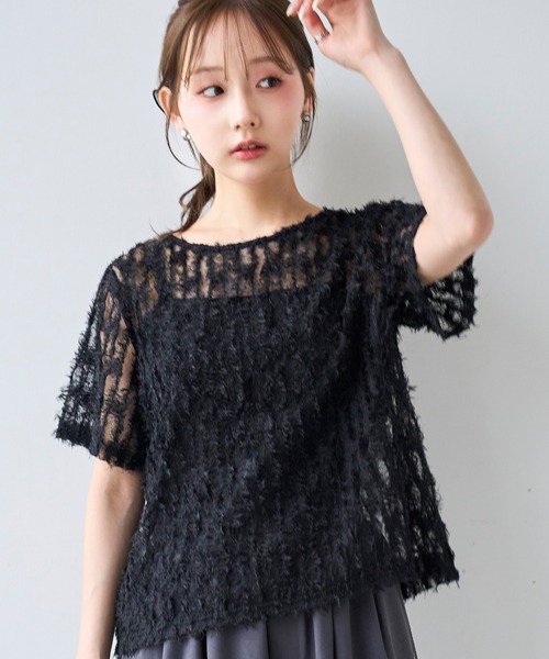 mil（ミル）の「シアーフェザー クロップド トップス【587222】（Tシャツ/カットソー・レディース・アイボリー/ブラック・ONESIZE）」の14枚目の写真