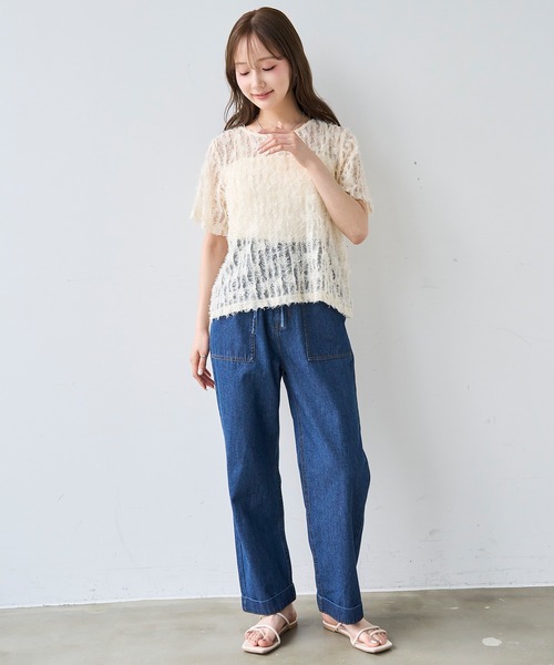 mil（ミル）の「シアーフェザー クロップド トップス【587222】（Tシャツ/カットソー・レディース・アイボリー/ブラック・ONESIZE）」の5枚目の写真