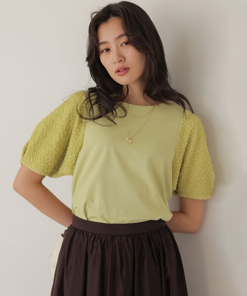 組曲 S(クミキョク チイサイサイズ)の「パフジャカードコンビジャージー パフスリーブカットソー(Tシャツ/カットソー・レディース・グリーン系/ホワイト系/グレー系/ブラック系・S2)」の9枚目の写真
