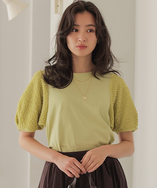 組曲 S(クミキョク チイサイサイズ)の「パフジャカードコンビジャージー パフスリーブカットソー(Tシャツ/カットソー・レディース・グリーン系/ホワイト系/グレー系/ブラック系・S2)」の10枚目の写真