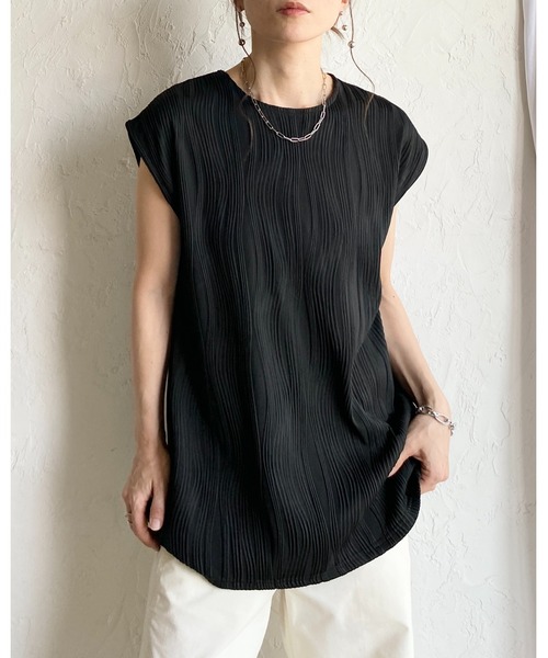 She's Closet（シーズクローゼット）の「ピンタック プリーツ フレンチスリーブ クルーネック プルオーバー トップス（Tシャツ/カットソー・レディース・アイボリー/ブラウン/ブラック・FREE）」の9枚目の写真