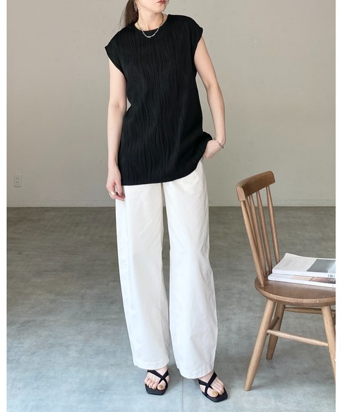She's Closet（シーズクローゼット）の「ピンタック プリーツ フレンチスリーブ クルーネック プルオーバー トップス（Tシャツ/カットソー・レディース・アイボリー/ブラウン/ブラック・FREE）」の16枚目の写真