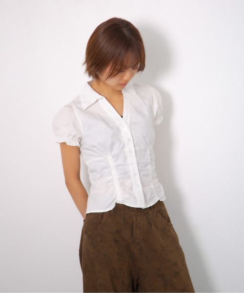 HALEY PESCA(ヘーリーペスカ)の「HALEY PESCA/フロントドロスト オープンカラー半袖シャツ(シャツ/ブラウス・レディース・ホワイト系/ホワイト/その他/ブラック系/ライトブルー・FREE)」の2枚目の写真