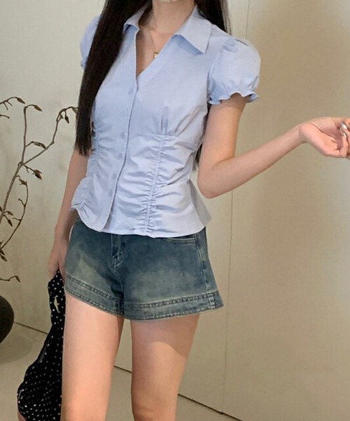 HALEY PESCA(ヘーリーペスカ)の「HALEY PESCA/フロントドロスト オープンカラー半袖シャツ(シャツ/ブラウス・レディース・ホワイト系/ホワイト/その他/ブラック系/ライトブルー・FREE)」の4枚目の写真