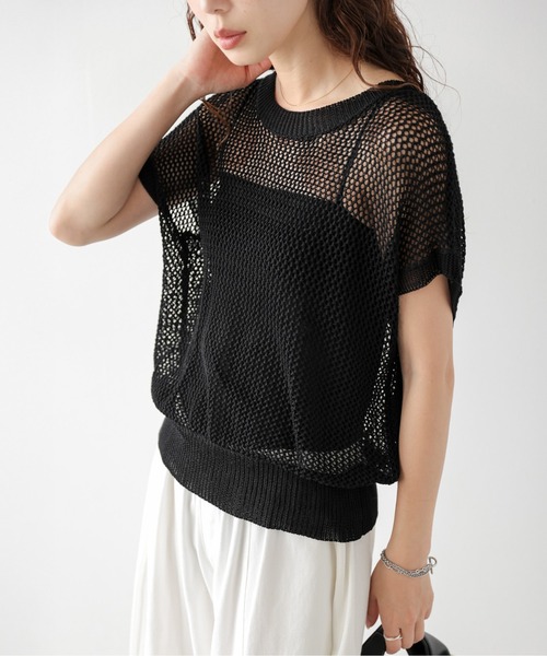 AMELY（エミリー）の「フレンチスリーブニットトップス（Tシャツ/カットソー・レディース・ブラック/ホワイト・フリー）」の8枚目の写真
