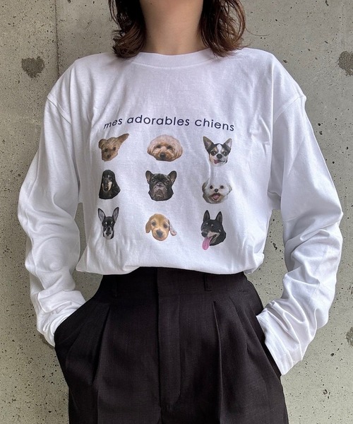 boemy(ボエミー)の「カジュアルDOGモチーフロンT/長袖Tシャツ(Tシャツ/カットソー・レディース・ネイビー/ベージュ・X-SMALL/LARGE/X-LARGE/MEDIUM)」の1枚目の写真