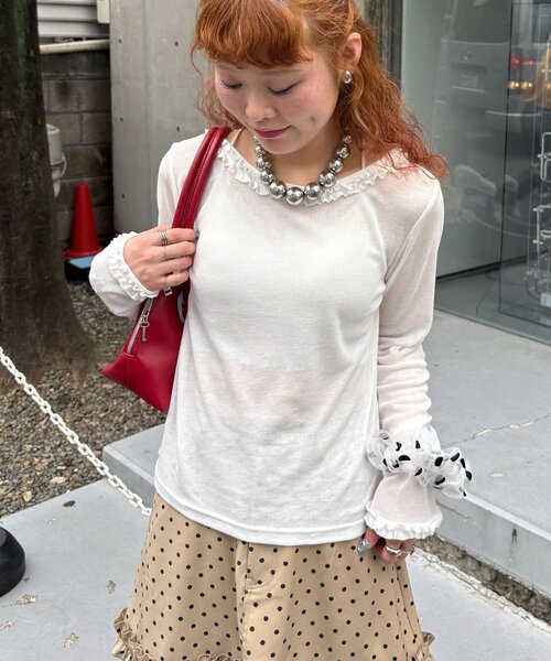 CIAOPANIC(チャオパニック)の「フリルシアートップス(Tシャツ/カットソー・レディース・オフホワイト/ミント/グレー/イエロー・ONE SIZE)」の7枚目の写真