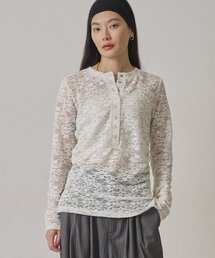 【5色展開/花柄・レース】フラワープリントヘンリーカットソー