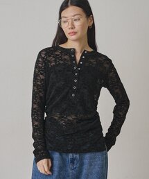 Omekashi（オメカシ）の「【5色展開/花柄・レース】フラワープリント/起毛レースヘンリーカットソー（Tシャツ/カットソー）」