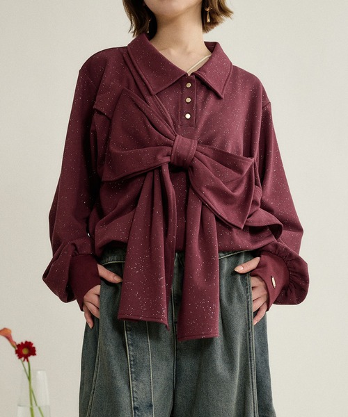 mideal(マイディール)の「ribbon design glitter polo sweat / リボンデザイングリッターポロスウェット(スウェット・レディース・ブラック/ボルドー/グレー・FREE)」の3枚目の写真