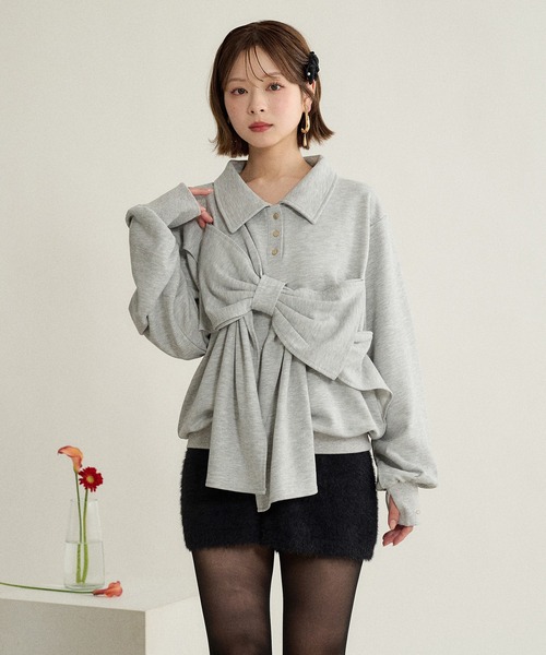 mideal(マイディール)の「ribbon design glitter polo sweat / リボンデザイングリッターポロスウェット(スウェット・レディース・ブラック/ボルドー/グレー・FREE)」の8枚目の写真