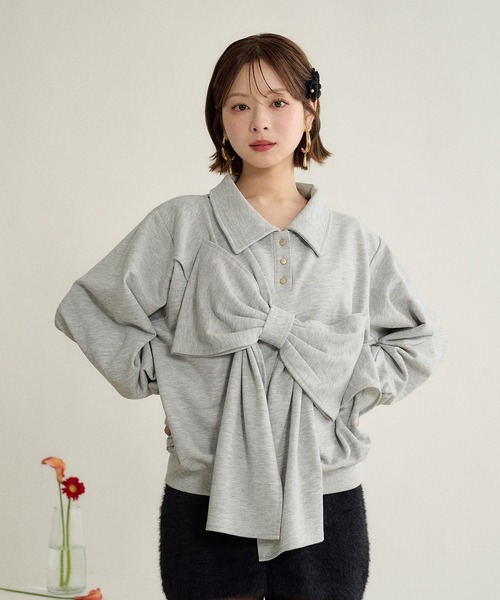 mideal(マイディール)の「ribbon design glitter polo sweat / リボンデザイングリッターポロスウェット(スウェット・レディース・ブラック/ボルドー/グレー・FREE)」の5枚目の写真