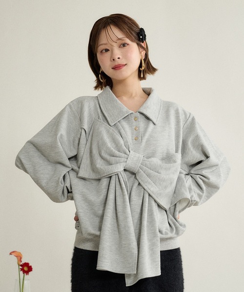 mideal(マイディール)の「ribbon design glitter polo sweat / リボンデザイングリッターポロスウェット(スウェット・レディース・ブラック/ボルドー/グレー・FREE)」の6枚目の写真