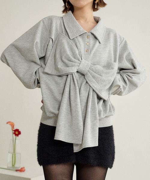 mideal(マイディール)の「ribbon design glitter polo sweat / リボンデザイングリッターポロスウェット(スウェット・レディース・ブラック/ボルドー/グレー・FREE)」の4枚目の写真