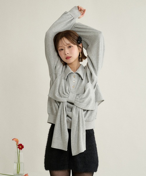 mideal(マイディール)の「ribbon design glitter polo sweat / リボンデザイングリッターポロスウェット(スウェット・レディース・ブラック/ボルドー/グレー・FREE)」の7枚目の写真