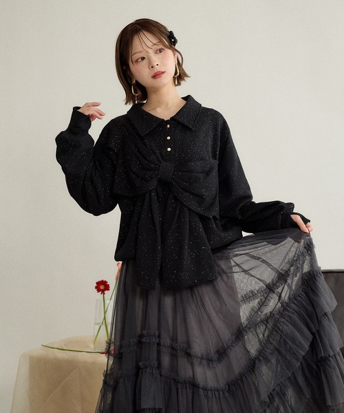 mideal(マイディール)の「ribbon design glitter polo sweat / リボンデザイングリッターポロスウェット(スウェット・レディース・ブラック/ボルドー/グレー・FREE)」の22枚目の写真
