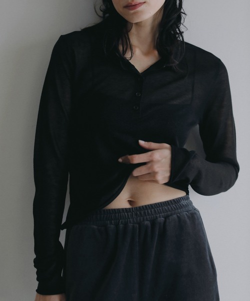 anuke(アンヌーク)の「Sheer Polo Knit(ニット/セーター・レディース・ピンク/ブラック・FREE)」の1枚目の写真